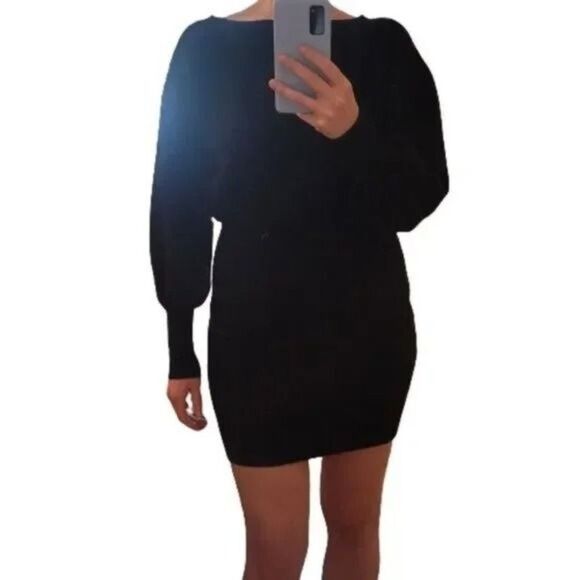 Beginning Boutique Size 12 Mini Sweater Dress Long Balloon Sleeve Black - Picture 8 of 10